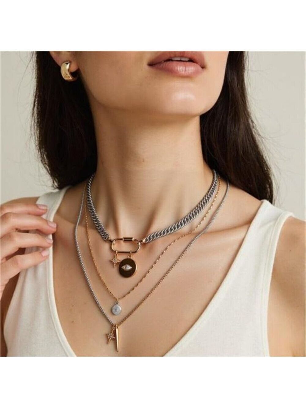 Statement Two Tone Layered Necklace Gold Silver 3 Pcs Multi Layered Necklace